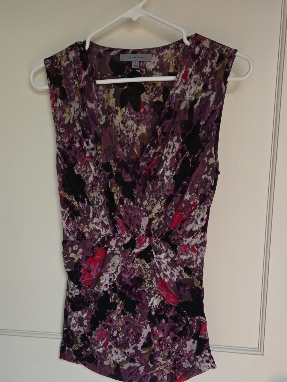Classiques Entier Sleeveless Silk Belnd Purple Floral Faux Wrap Women’s Top
